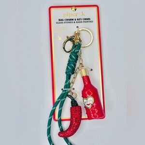 Jalapeño Hot Sauce bag charm key chain glass stones Hand painted
